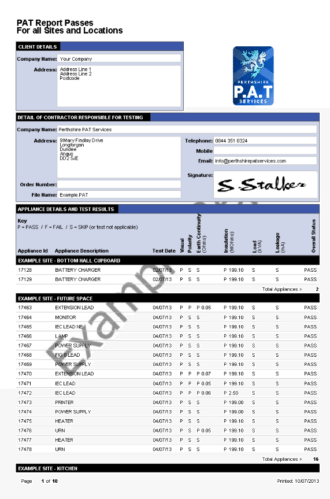 Perth PAT Testing Results Example